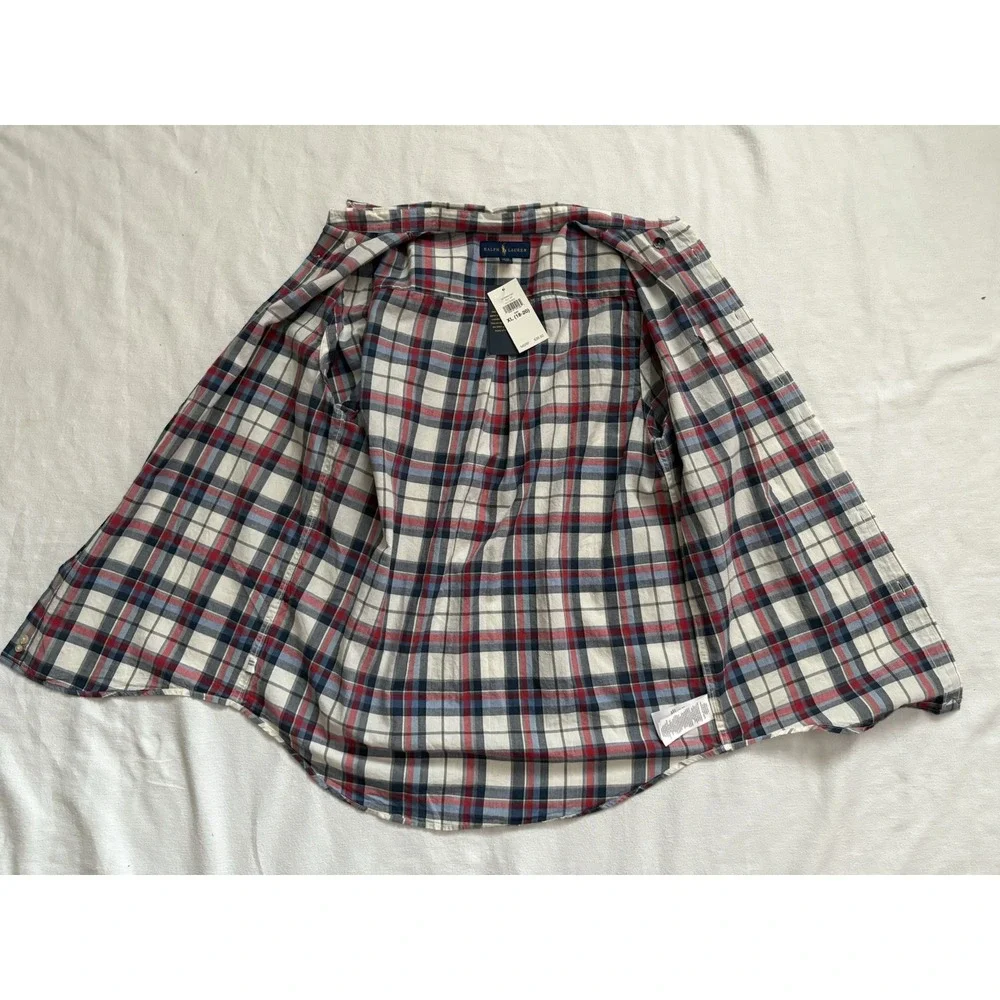 NEW Polo Ralph Lauren Boy's Button-Down Short Sleeve Shirt White Red Navy XLARGE - Picture 3 of 12